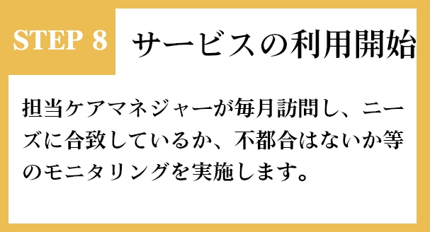 STEP8 サービスの利用開始 担当ケアマネジャーが毎月訪問し、ニーズに合致しているか、不都合はないか等のモニタリングを実施します。